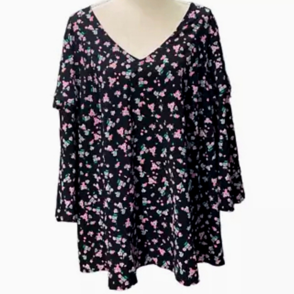 Lane Bryant Blouse Black Floral Tiered Long Sleeve V Neck